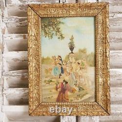 2 Tableaux Scène Galante Homme Femme Parc Château Jardin XVIII Cadre bois Doré