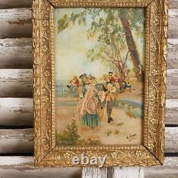 2 Tableaux Scène Galante Homme Femme Parc Château Jardin XVIII Cadre bois Doré