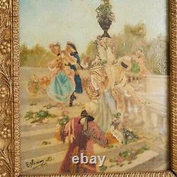 2 Tableaux Scène Galante Homme Femme Parc Château Jardin XVIII Cadre bois Doré