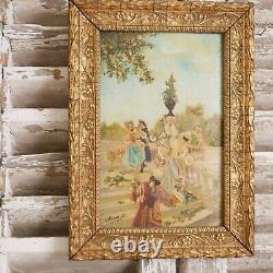 2 Tableaux Scène Galante Homme Femme Parc Château Jardin XVIII Cadre bois Doré