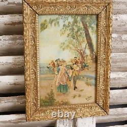 2 Tableaux Scène Galante Homme Femme Parc Château Jardin XVIII Cadre bois Doré