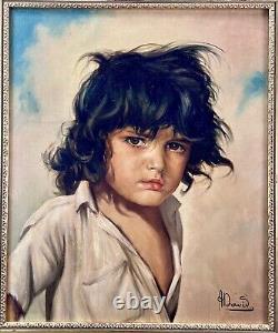 ANDRE DAVID (XIX-XXème) SUPERBE PORTRAIT D'ENFANT SIGNE H/T CADRE BOIS DORE 1950