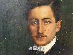 Ancien Tableau, Portrait, Peinture, Huile Sur Toile, Signe, Cadre Bois Dore, Homme