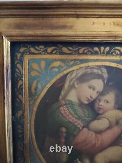 Ancien cadre bois doré avec reproduction La vierge à la chaise d'après Raphaël