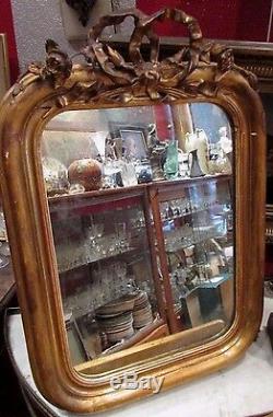 Ancien petit miroir glace cadre bois doré epoque 19e fronton louis XV fleurs