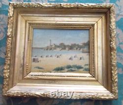 Ancienne Huile Sur Carton La Plage Cadre Ancien Bois Dore