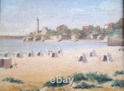 Ancienne Huile Sur Carton La Plage Cadre Ancien Bois Dore