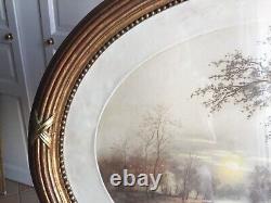 Aquatinte début XXème Paysage Très beau cadre ovale en bois doré 52x70