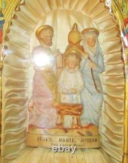 CADRE BOIS DORE DIORAMA RELIGIEUX ANCIEN JESUS MARIE JOSEPH PORCELAINE 19ème