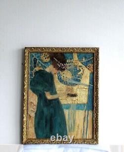 Cadre Ancien Bois Dore Peinture Huile Reproduction Klimt (feuille D'or)