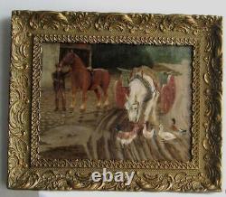 Cadre Ancien Bois Dore Peinture Huile Sur Toile Chevaux Et Poules