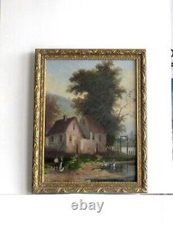 Cadre Ancien Bois Dore Peinture Huile Sur Toile Paysage Anime Barbizon