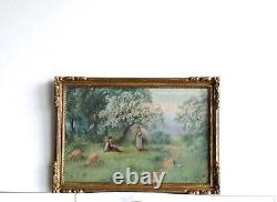 Cadre Ancien Bois Dore Peinture Huile Sur Toile Paysans Et Moutons