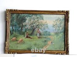 Cadre Ancien Bois Dore Peinture Huile Sur Toile Paysans Et Moutons