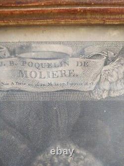 Cadre XVIIIe Bois Montage A clés Stuc Doré et gravure de POQUELIN MOLIERE