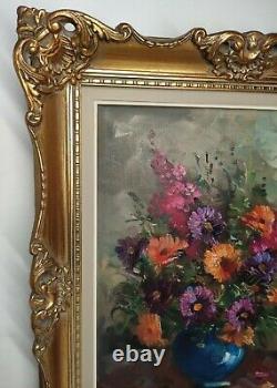 Cadre ancien bois doré Louis XIV Régence Peinture bouquet de Fleurs L. Van Crans