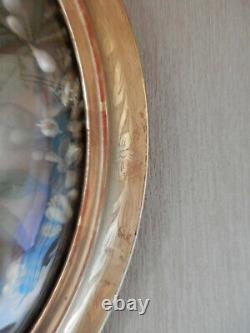 Cadre bois & stuc doré ovale + verre bombé & fleurs en cire