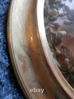 Cadre bois & stuc doré ovale + verre bombé & fleurs en cire