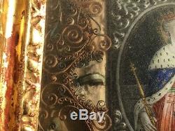 Cadre reliquaire XVIIIe paperolles, bois sculpté doré, émaux de Limoges 6 Saints