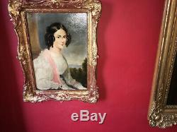 Charmant portrait de dame d'époque XIXe signé Cadre en bois doré