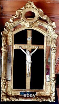 Crucifix Christ 18eme Cadre Bois Doré Parcloses