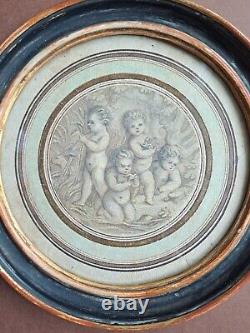 Dessin lavis Putti cadre en tondo bois doré, miniature époque début 19ème siècle