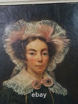 Ecole Anglaise Portrait de jeune femme Hst vers 1850-1870 cadre bois & stuc doré
