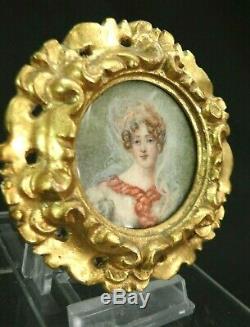 École française XIXe Peinture Miniature Portrait femme Empire cadre bois doré