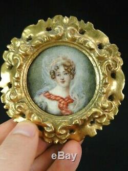 École française XIXe Peinture Miniature Portrait femme Empire cadre bois doré