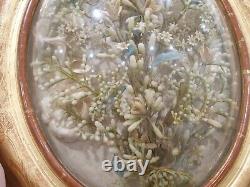 Grand cadre médaillon en bois doré bouquet de mariée verre bombé XIXé ref 927