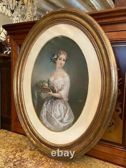 Grand tableau cadre bois doré vue ovale portrait pastel Dartiguenave 1815-1885