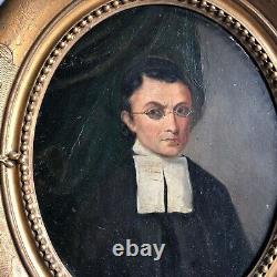 Huile Sur Panneau Portrait Ecclesiastique 19 Eme Siecle Cadre Bois Dore