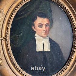 Huile Sur Panneau Portrait Ecclesiastique 19 Eme Siecle Cadre Bois Dore