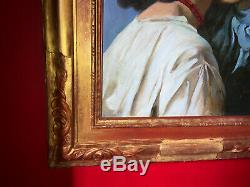 Huile sur toile fin XIXe Portrait de dame pensive Beau cadre en bois doré