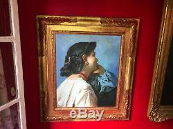 Huile sur toile fin XIXe Portrait de dame pensive Beau cadre en bois doré