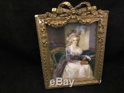 Importante Miniature Cadre Bois Doré Coiffe Elegante XIX ème Siècle Peinture