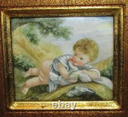 PORTRAIT MINIATURE AMOUR CHERUBIN 19ème siècle cadre bois doré