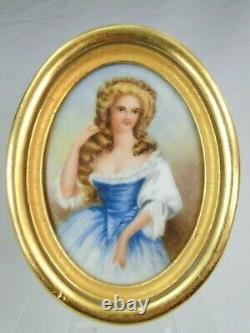 Paire De Miniatures Portrait De Femme Peints Sur Porcelaine 1900 Cadre Bois Dore