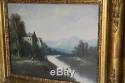 Paire tableaux huile sur toile cadre bois doré 19e paysages rivière montagne