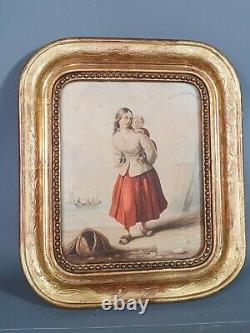 Pastel Femme & enfant XIXe s. Cadre bois gravé doré 28x24 cm Bon état SB
