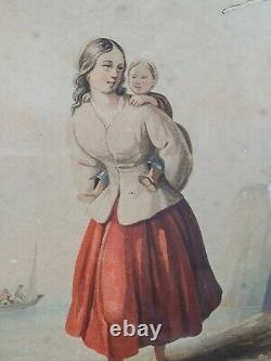 Pastel Femme & enfant XIXe s. Cadre bois gravé doré 28x24 cm Bon état SB