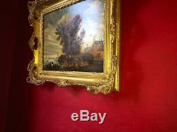 Paysage marin Huile sur bois de la fin du XIXe Superbe cadre en bois doré
