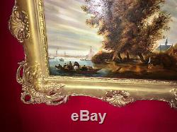 Paysage marin Huile sur bois de la fin du XIXe Superbe cadre en bois doré