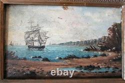 Peinture Tableau Marine Bateau Navire, huile sur bois XIX° cadre doré