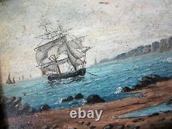 Peinture Tableau Marine Bateau Navire, huile sur bois XIX° cadre doré