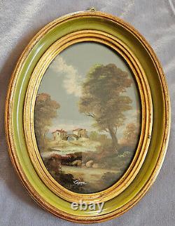 Peinture ovale Paysage avec rivière maison et pont cadre bois vert et doré