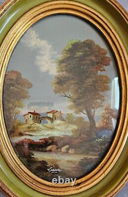 Peinture ovale Paysage avec rivière maison et pont cadre bois vert et doré