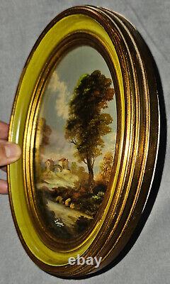 Peinture ovale Paysage avec rivière maison et pont cadre bois vert et doré