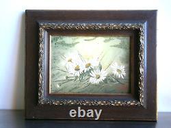 Petite Peinture 1F Huile sur panneau 1896 décor Fleurs Cadre Bois doré Ancien