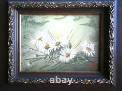 Petite Peinture 1F Huile sur panneau 1896 décor Fleurs Cadre Bois doré Ancien